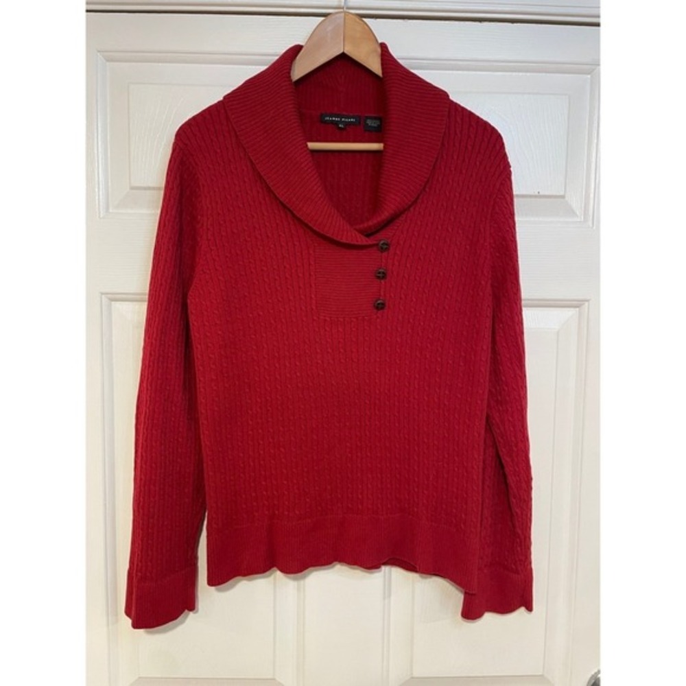 Cotton Red Cable Knit Jeanne Pierre Shawl Collar Knit Sweater Buttons Womens XL